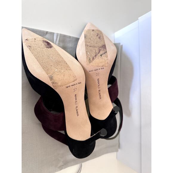 New Manolo Blahnik Suede Pumps Multicolor Black Green Pointy Toe Sz 37 Womens - Picture 6 of 7
